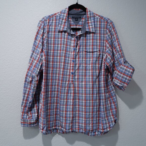 Tommy Hilfiger Tops - Tommy Hilfiger Womens Plaid 1/2 Button Up Long Sleeve Roll Up 3/4 Sleeve Blouse